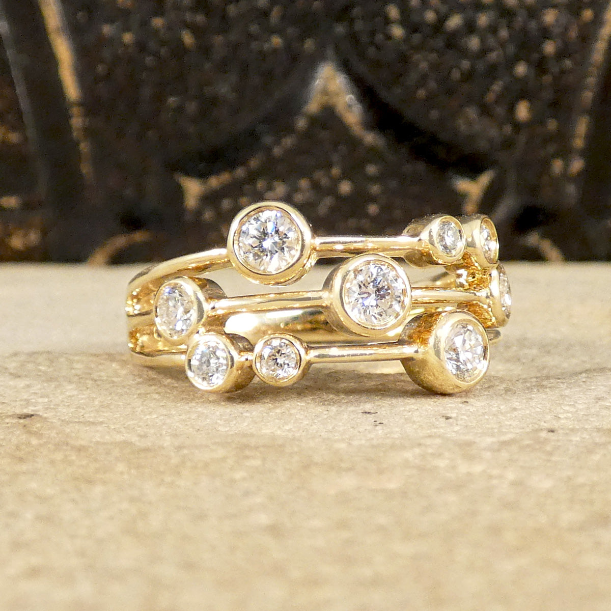 Modern Diamond Set Bubble Style Ring in 14ct Yellow Gold with rub over collar settings and bright white sparkly diamonds.