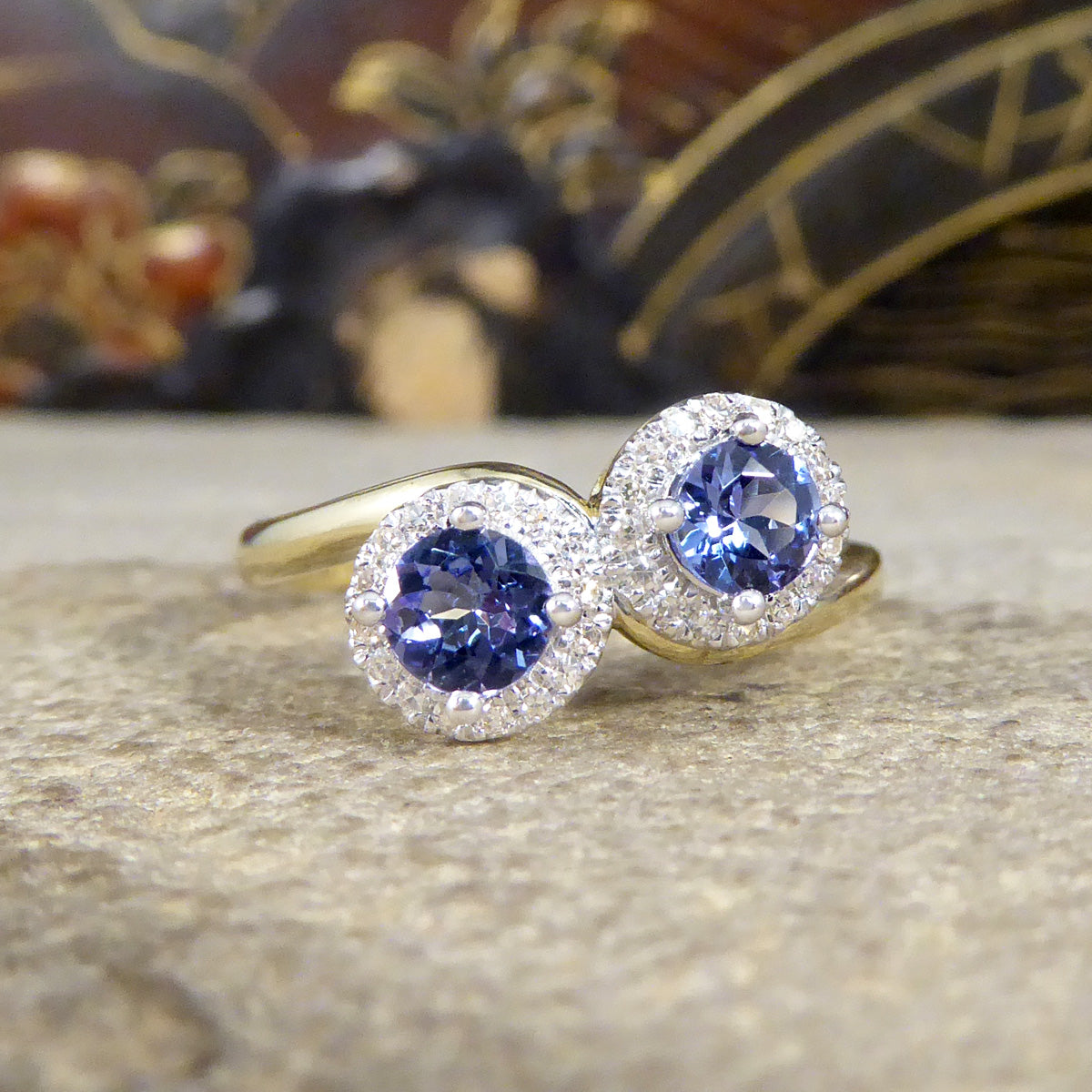 Edwardian Style Tanzanite and Diamond Cluster Toi Et Moi Twist Ring in Yellow and White Gold