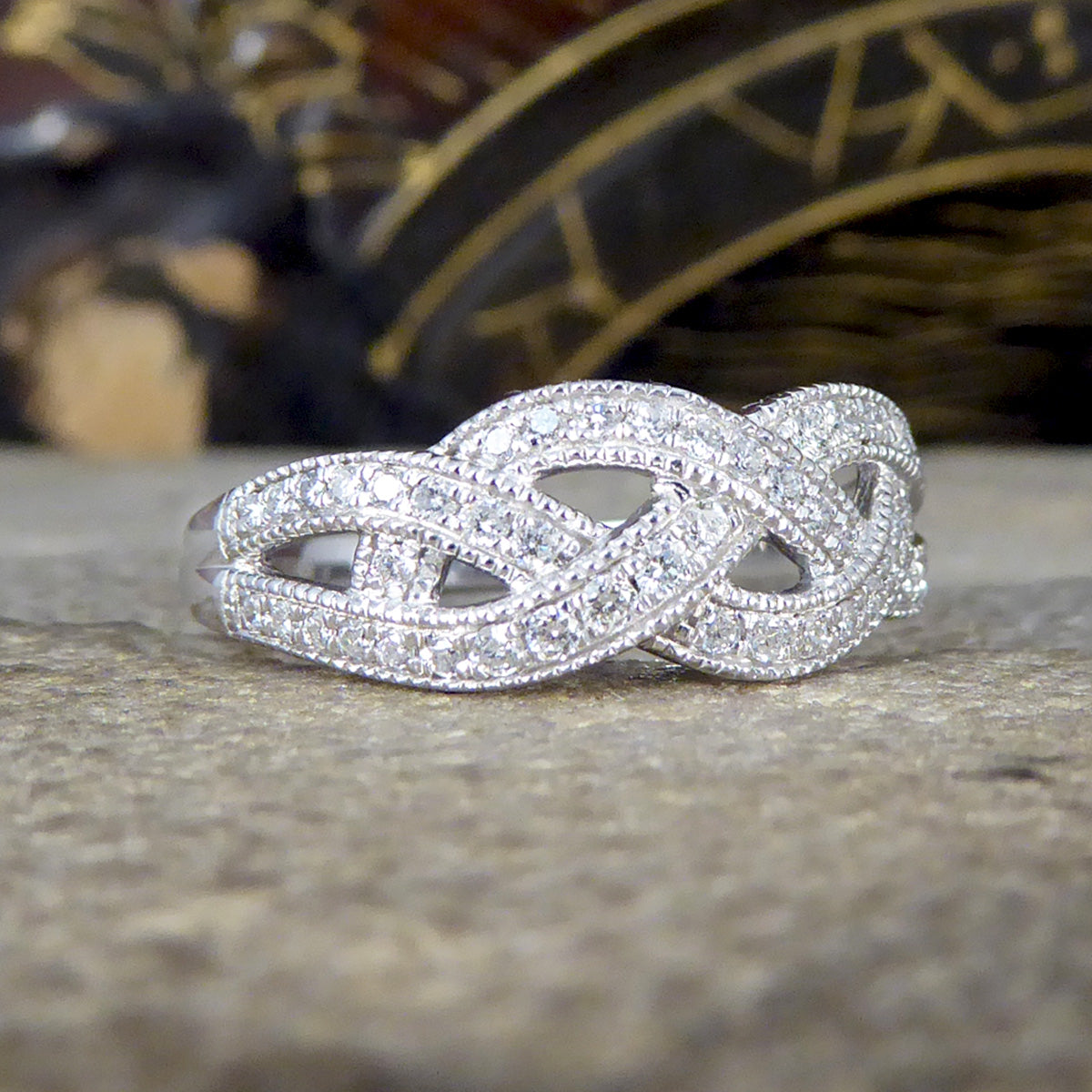 Diamond Set Milgrain Plait Half Eternity Ring in White Gold