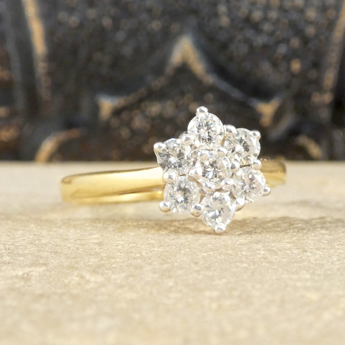 Vintage brilliant cut Diamond flower cluster ring in 18ct White and Yellow Gold. Gorgeous vintage engagement ring.