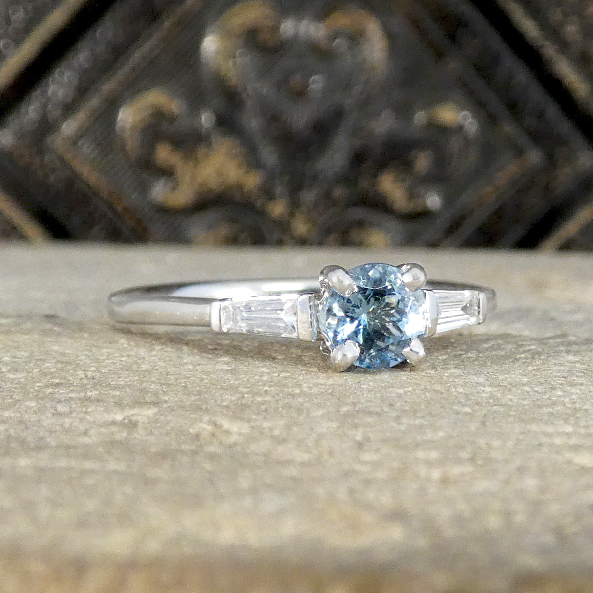 Aquamarine Solitaire with Tapered Baguette Diamond Shoulders in 18ct White Gold