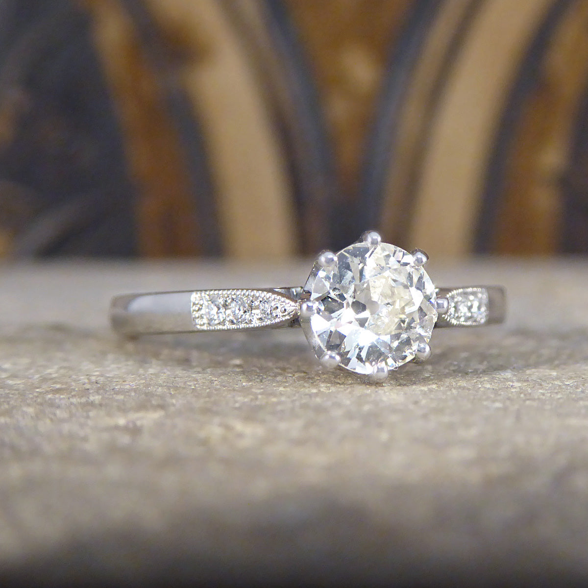 0.53ct Old Cut Diamond Solitaire with Diamond Shoulders in Platinum