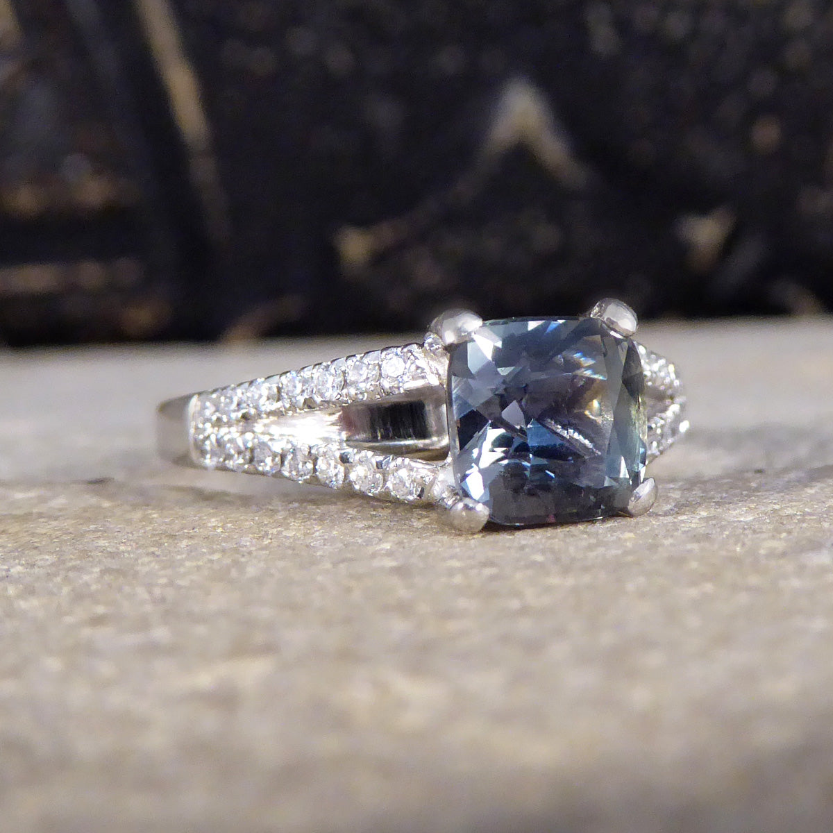 Teal Sapphire and Diamond set Split Shoulders in Platinum