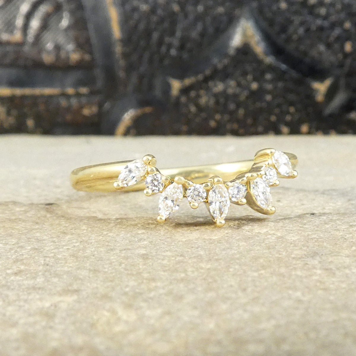 Alternating Marquise and Brilliant Cut Diamond Curved Crown in 18ct Yellow Gold. Perfect dainty detailed ring.