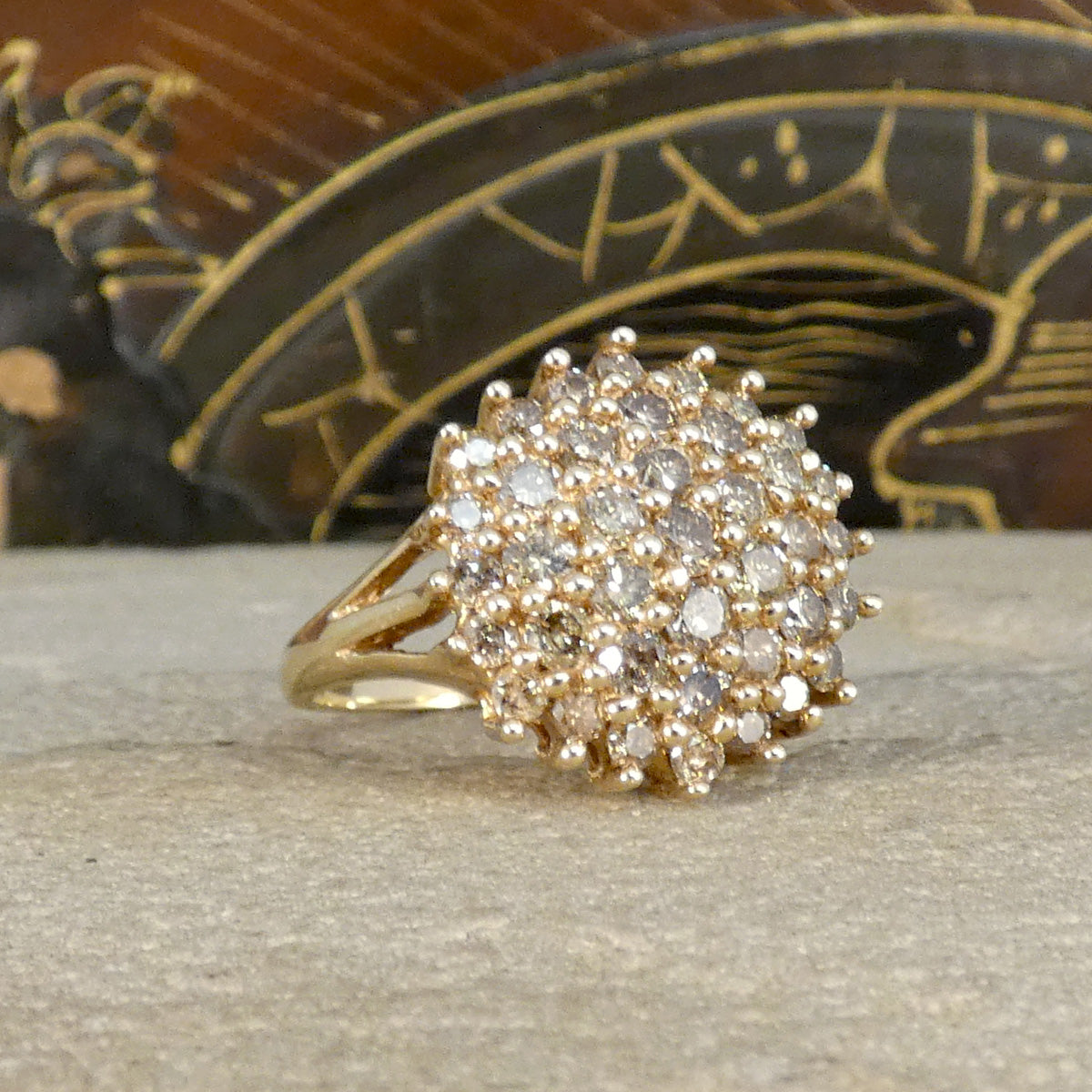 Champagne Tinted Diamond Cluster Cocktail Ring in Yellow Gold with a total diamond weight of approximately 1.50ct sparkling from every angle.