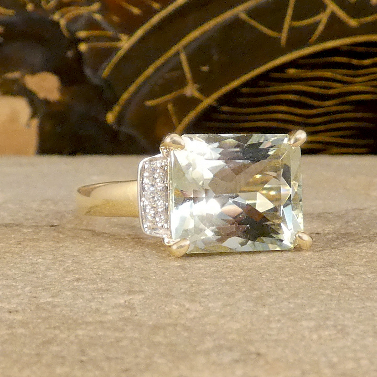 Cushion Cut Green Amethyst Cocktail ring set east-west with Diamond Shoulders in Yellow Gold