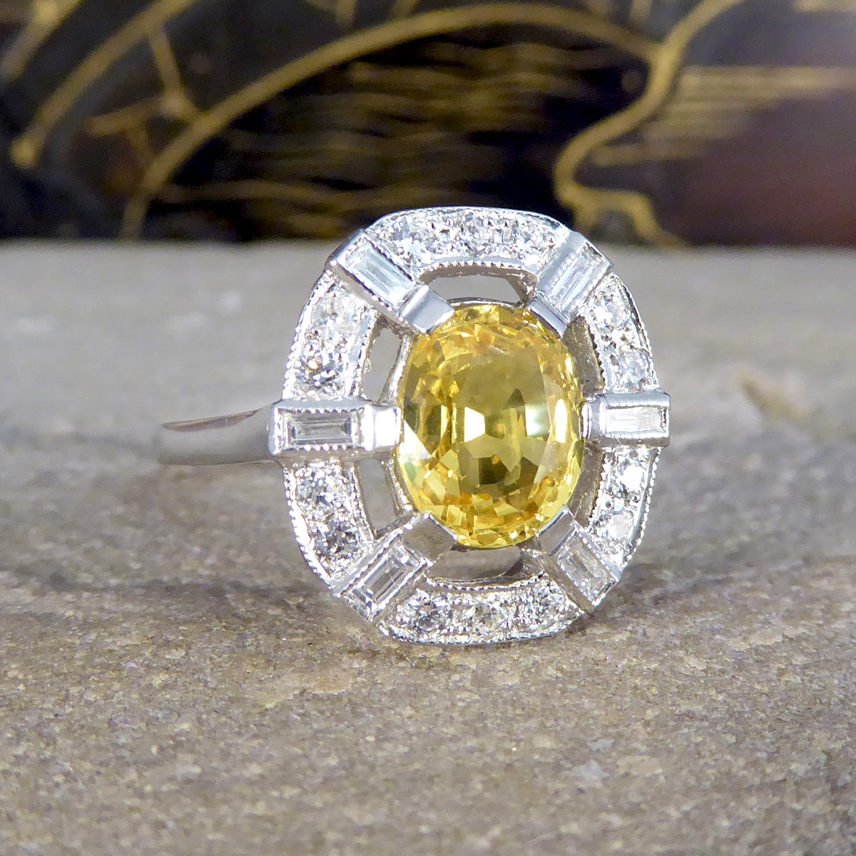 Art Deco Inspired Yellow Sapphire and Diamond Sunshine Cluster Ring in Platinum