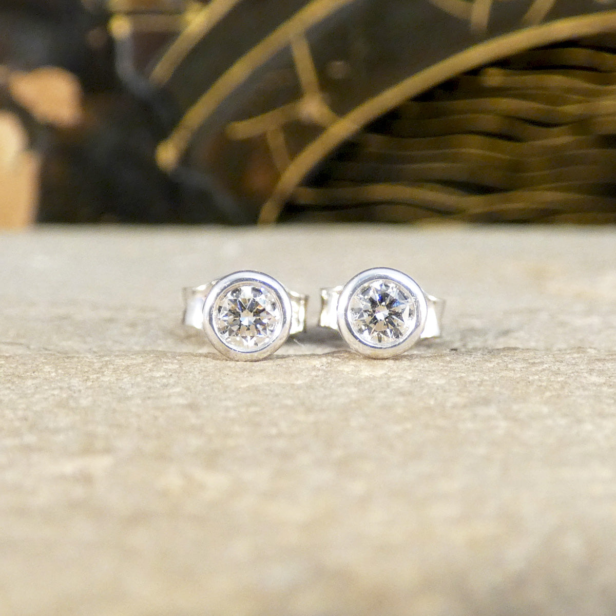 Bezel Set Diamond Stud Earrings in White Gold