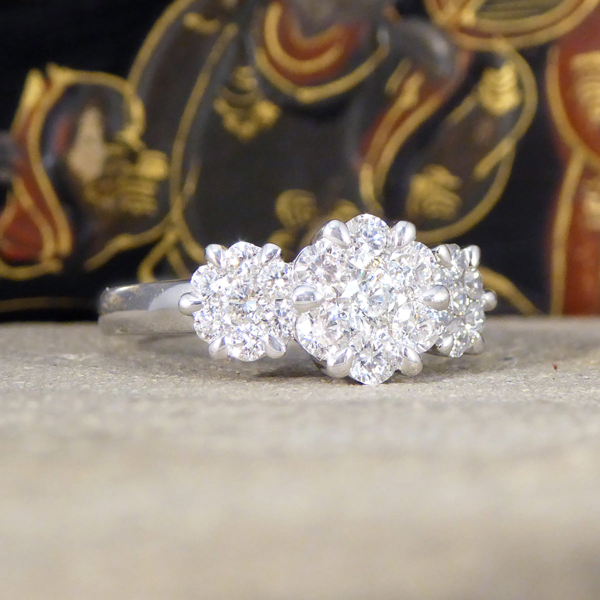 Diamond Triple Daisy Cluster Illusion Three Stone Ring in Platinum