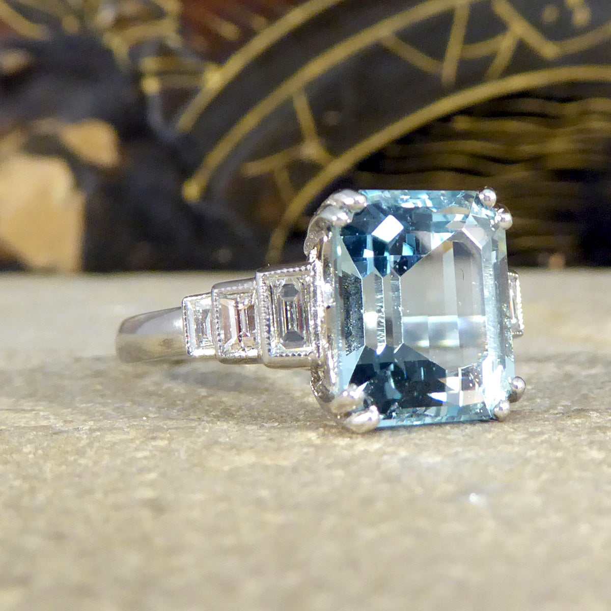 Art Deco Inspired 3.30ct Aquamarine and Diamond Staged Ring in Platinum
