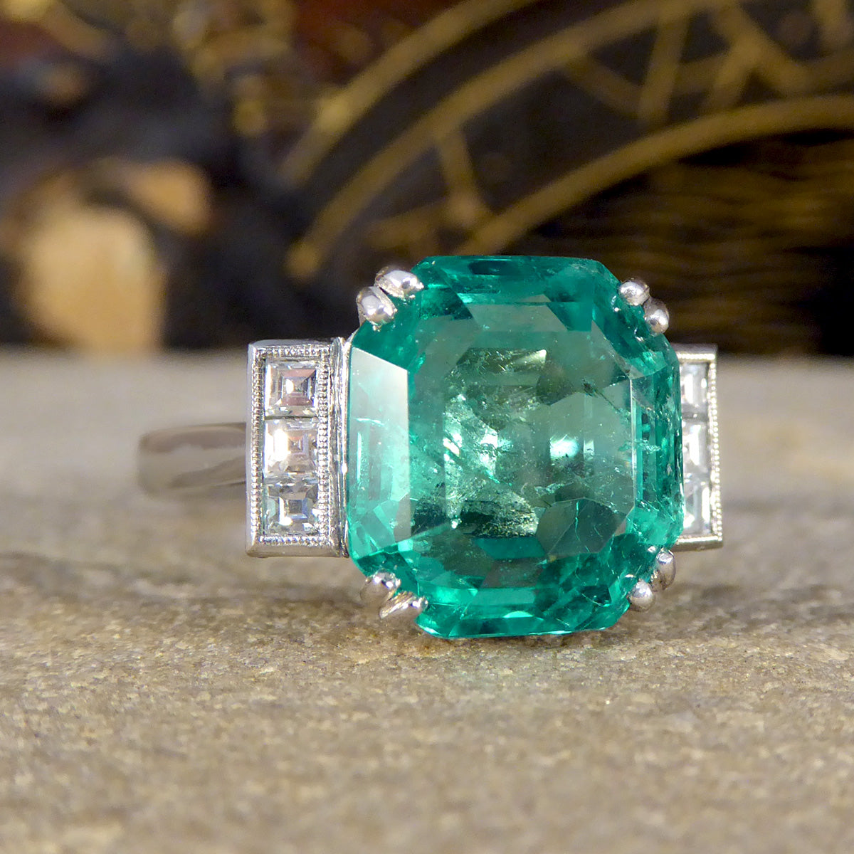 Bright 6.19ct Octagonal Cut Columbian Emerald and Diamond Ring in Platinum with Gem Cert
