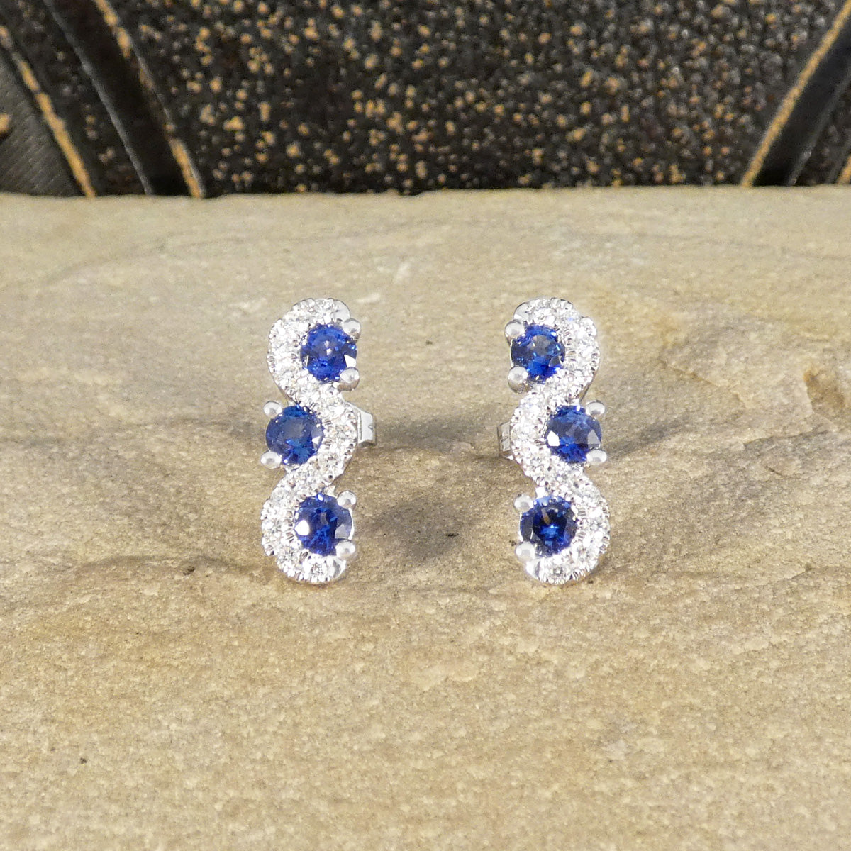 Ceylon Sapphire and Diamond Three Stone Lazy River Earrings in Platinum