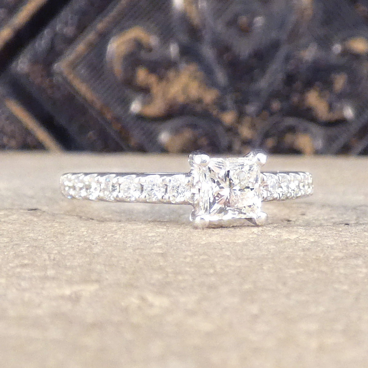 Princess Cut Diamond Solitaire Engagement Ring with Diamond Set Shoulders in Platinum