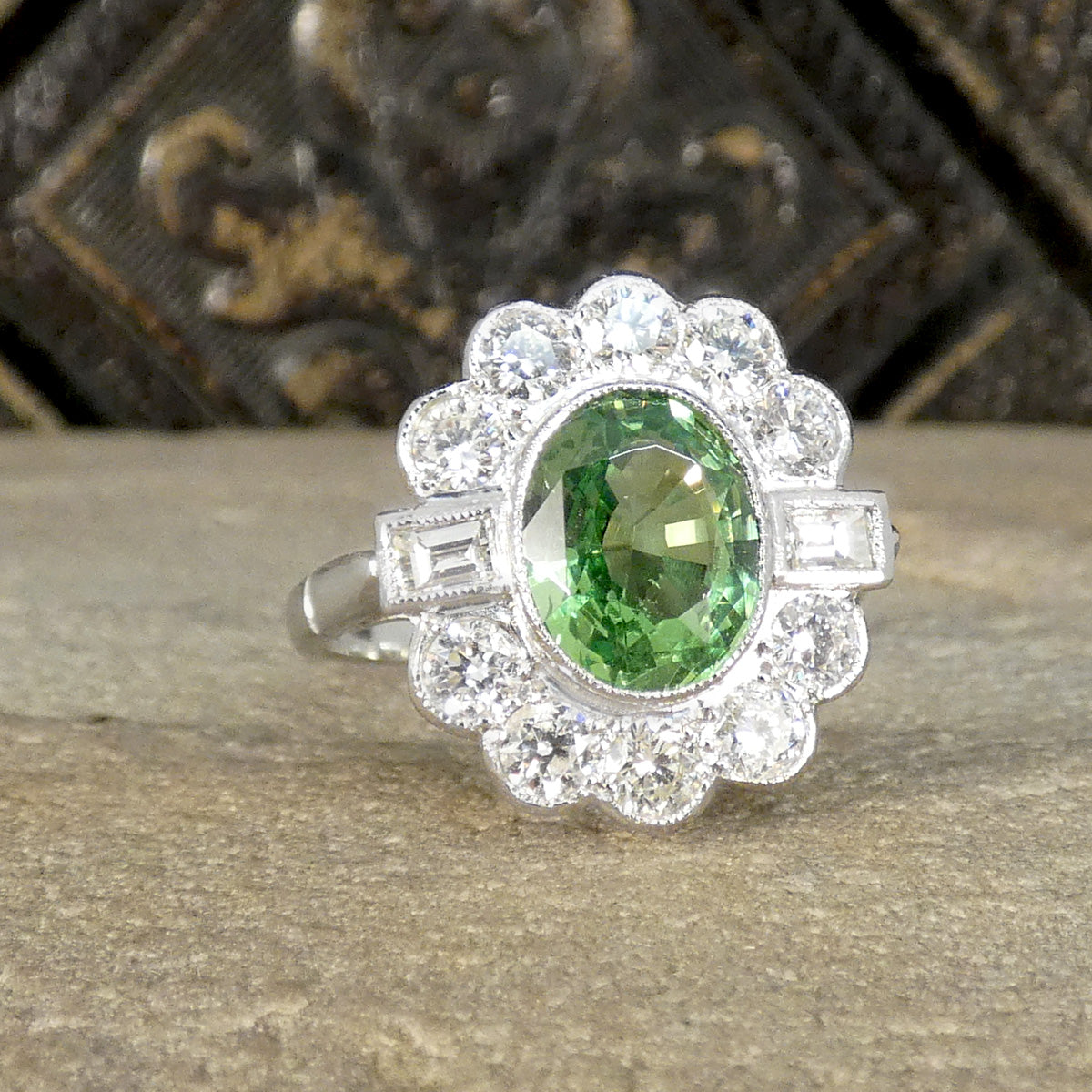 Edwardian Style 2.51ct Green Garnet and 1.20ct Diamond Cluster Ring in Platinum