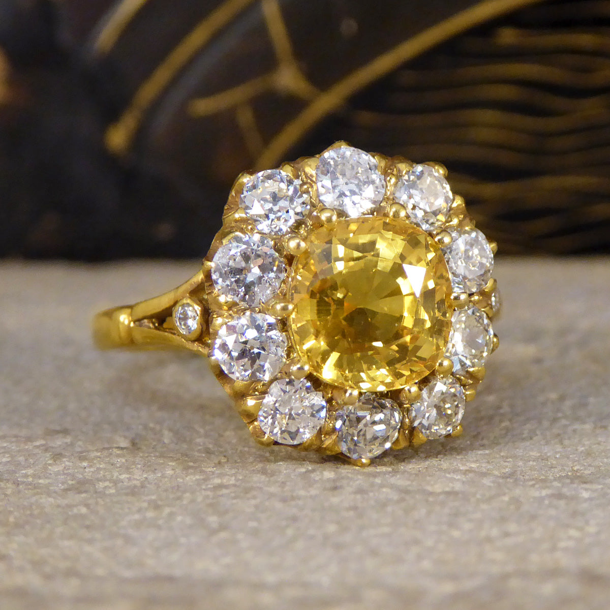 Antique Inspired 2.60ct Yellow Sapphire and Old Cut Diamond Cluster Ring in 18ct Yellow Gold