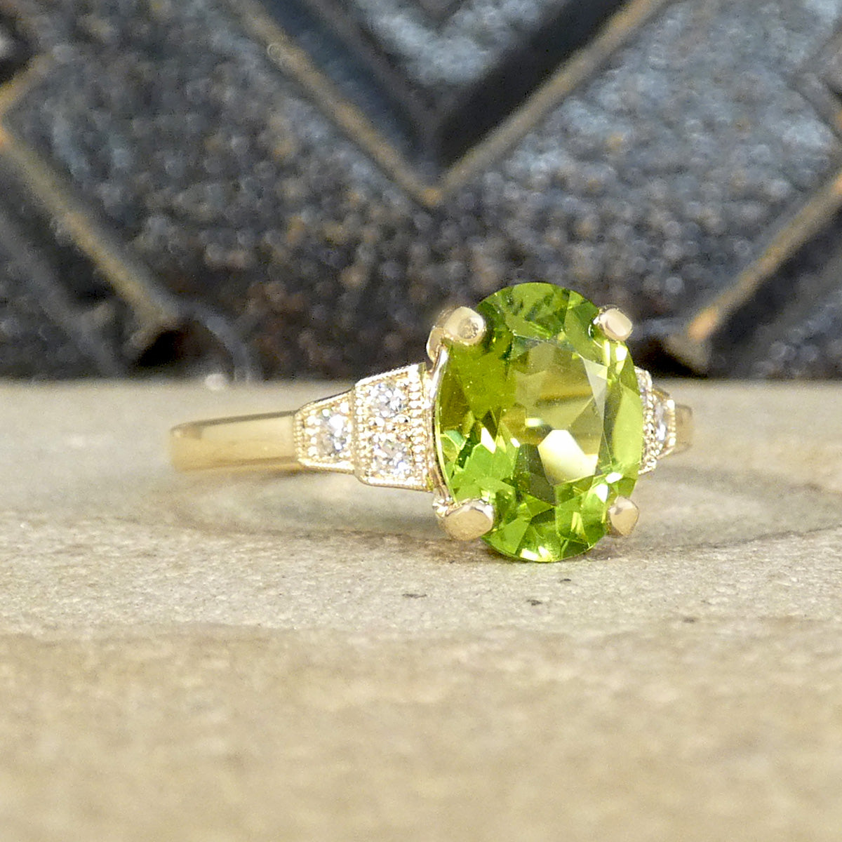 Art Deco Inspired Peridot and Diamond Ring in Yellow Gold