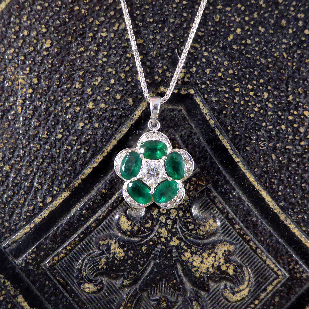 Emerald and Diamond Flower Cluster Pendant in 14ct White Gold with 18ct White Gold Chain Necklace