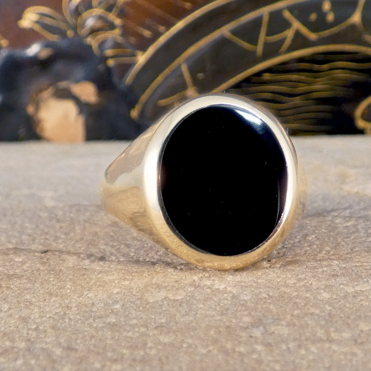 Oval Faced Onyx Set Signet Ring in 9ct Yellow Gold