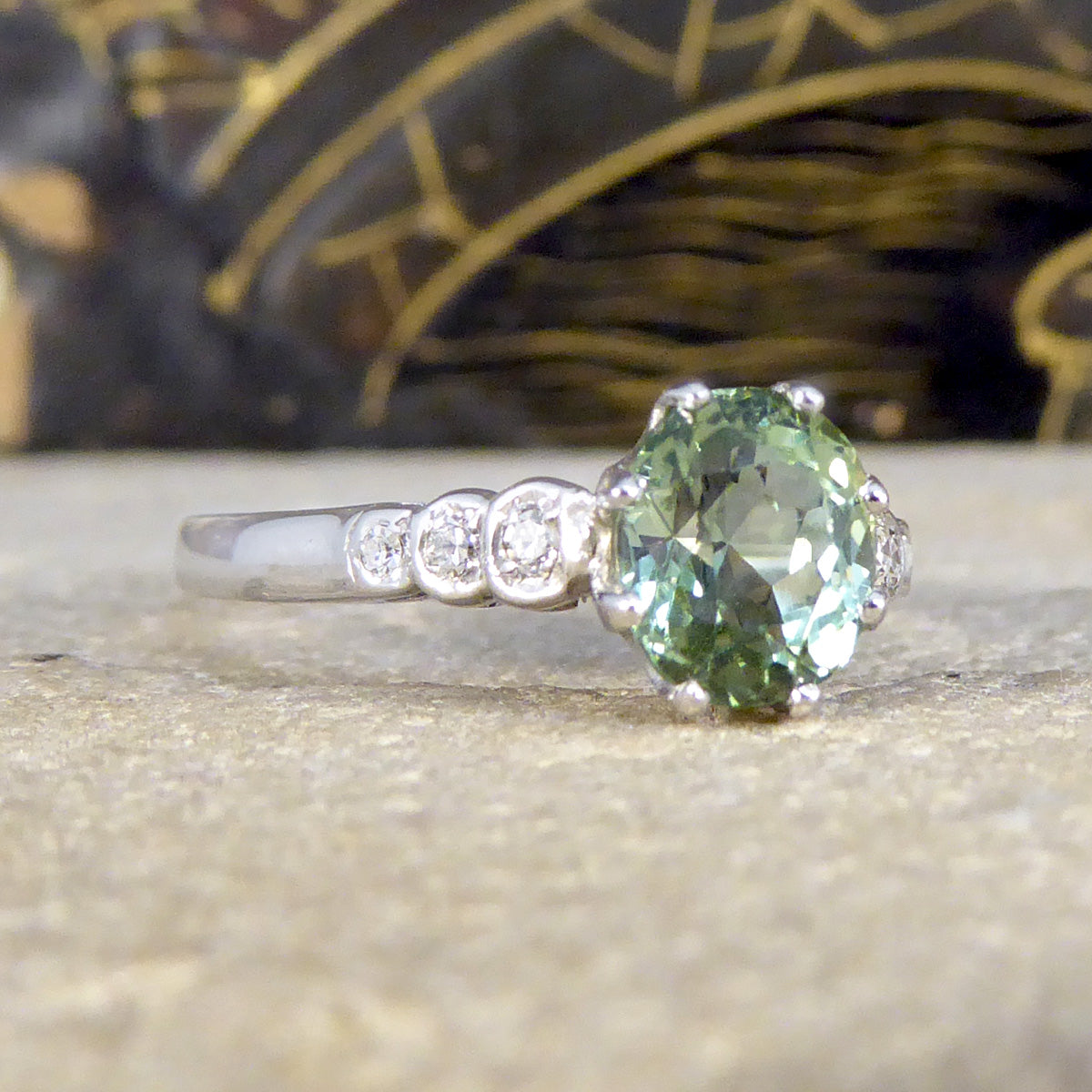 Enchanting Green Tourmaline Ring with Diamond Shoulders in 18ct White Gold