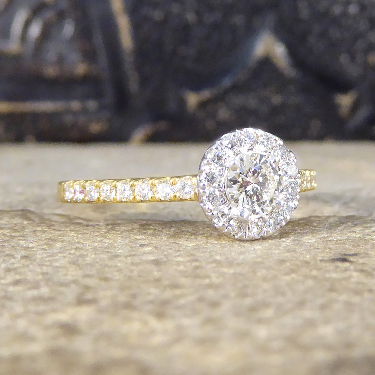 Diamond Cluster Halo Engagement Wedfit Ring with Diamond Shoulders in 18ct Yellow and White Gold