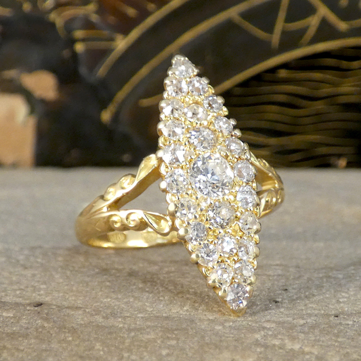 C1900 Antique Diamond Navette Marquise Cluster Ring in 18ct Yellow Gold