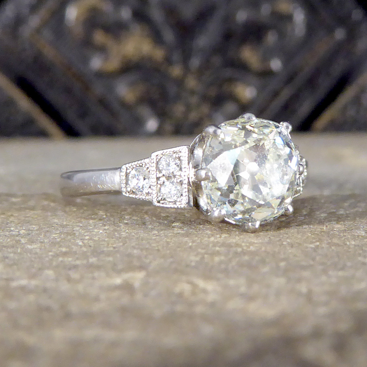 1.70ct Old European Cushion Cut Diamond Solitaire with Diamond Shoulders in Platinum
