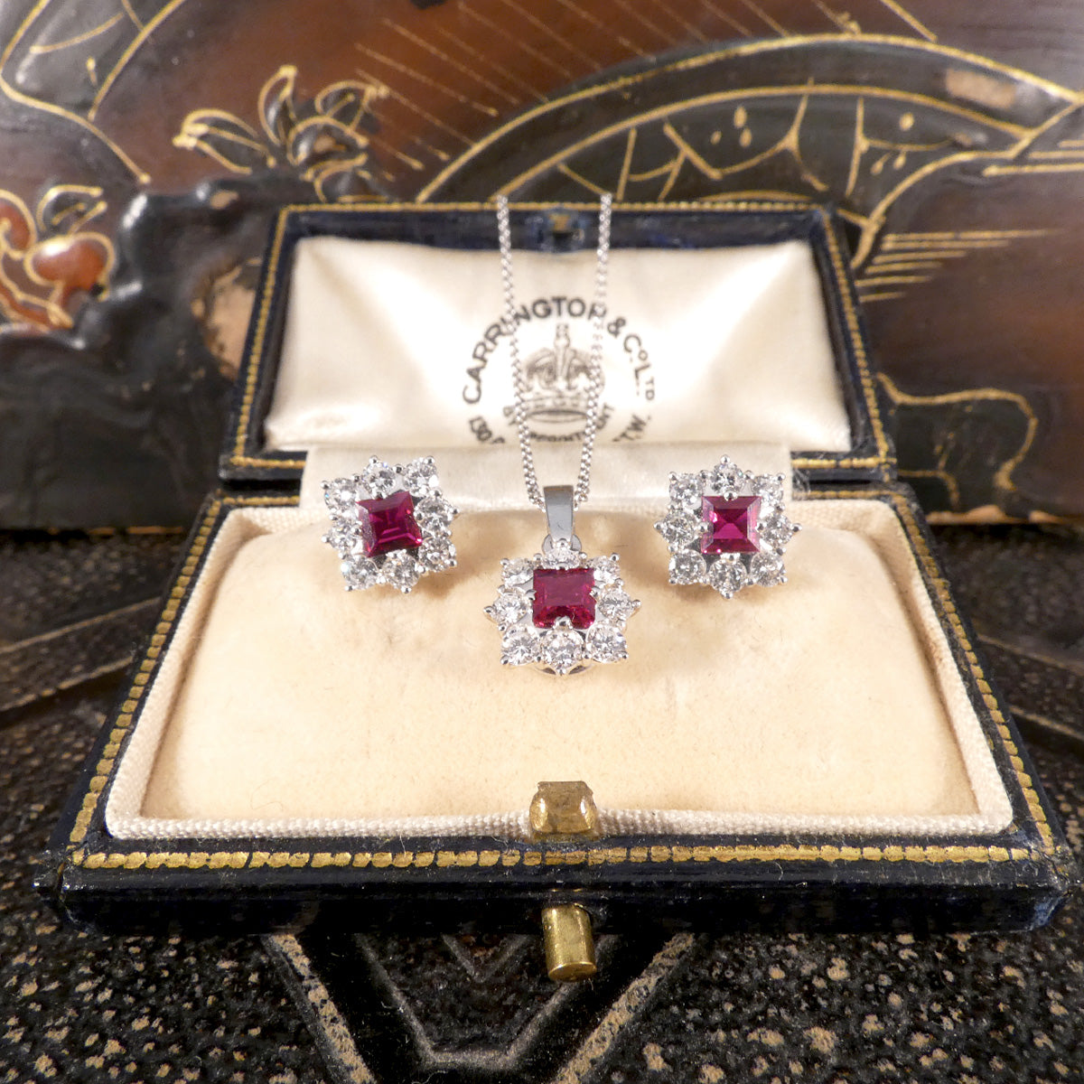 Vintage Ruby and Diamond Cluster Earrings and Necklace Set in 18ct White Gold