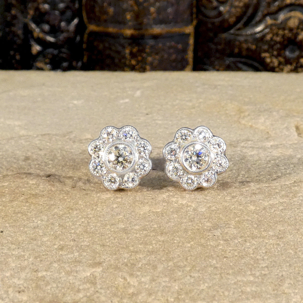 Edwardian Style Diamond Flower Cluster Stud Earrings in 18ct White Gold