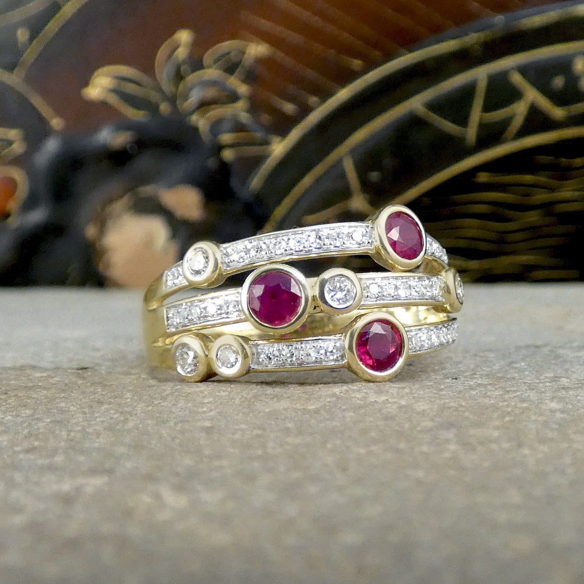 Ruby and Diamond Bubble Style Ring in Yellow Gold