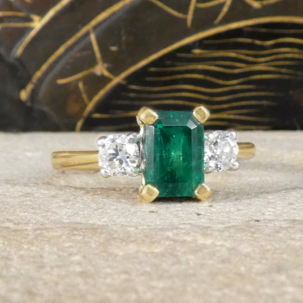 Edwardian style classic Emerald Cut Emerald and Old Cut Diamond three stone ring in 18ct Yellow and White Gold.