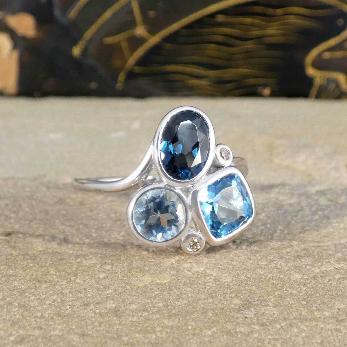 Trio of Blue Topaz and Diamond Cocktail Ring in White Gold