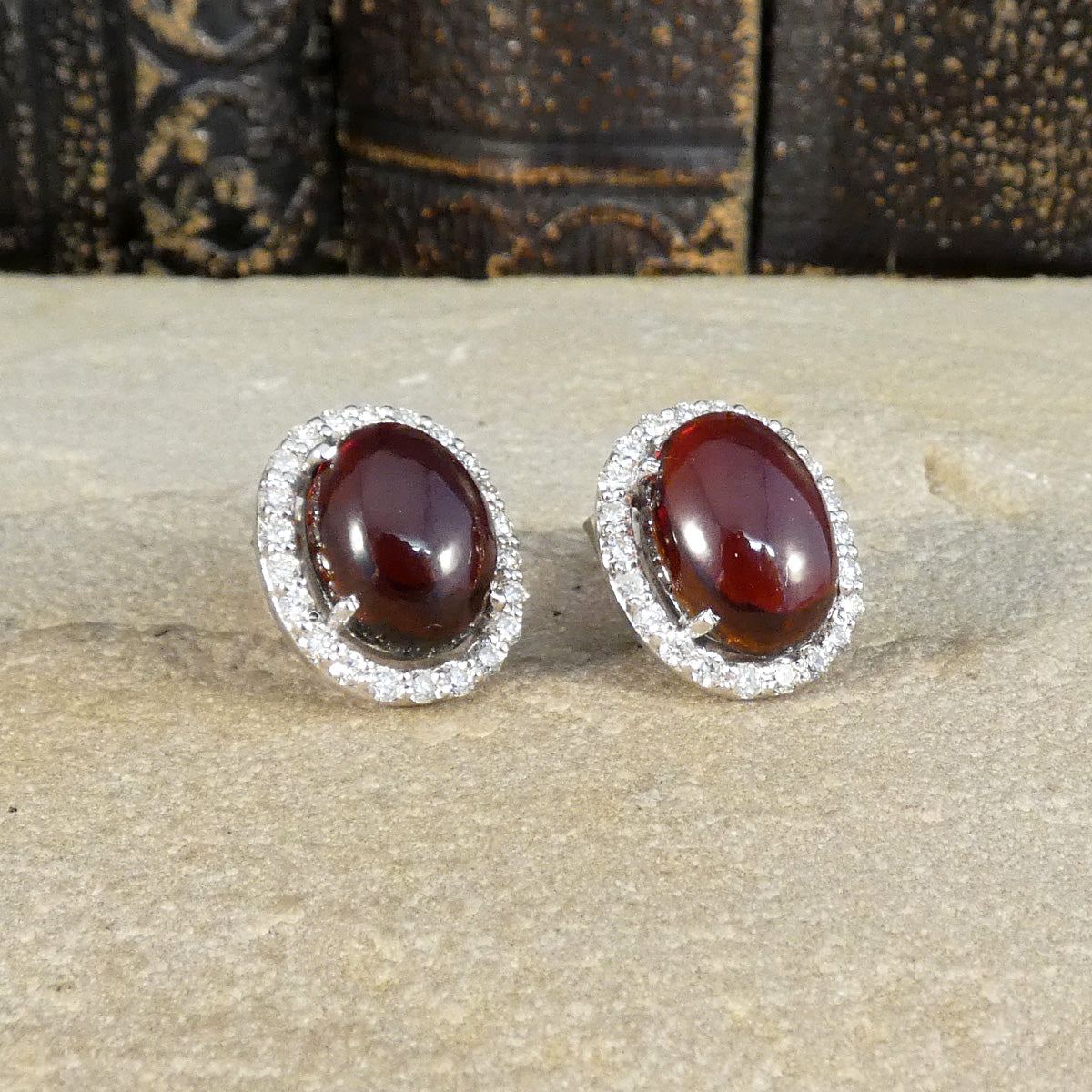 Cabochon Garnet and Diamond Halo Stud Earrings in 18ct White Gold