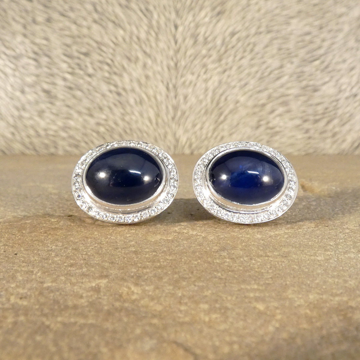 Cabochon Sapphire and Diamond Cluster Stud Earrings 18ct White Gold