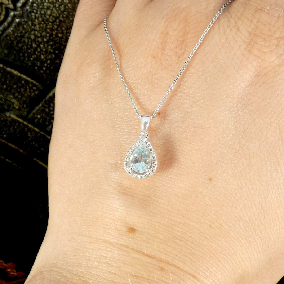 Diamond and Pear Cut Aquamarine Cluster Pendant Necklace in White Gold