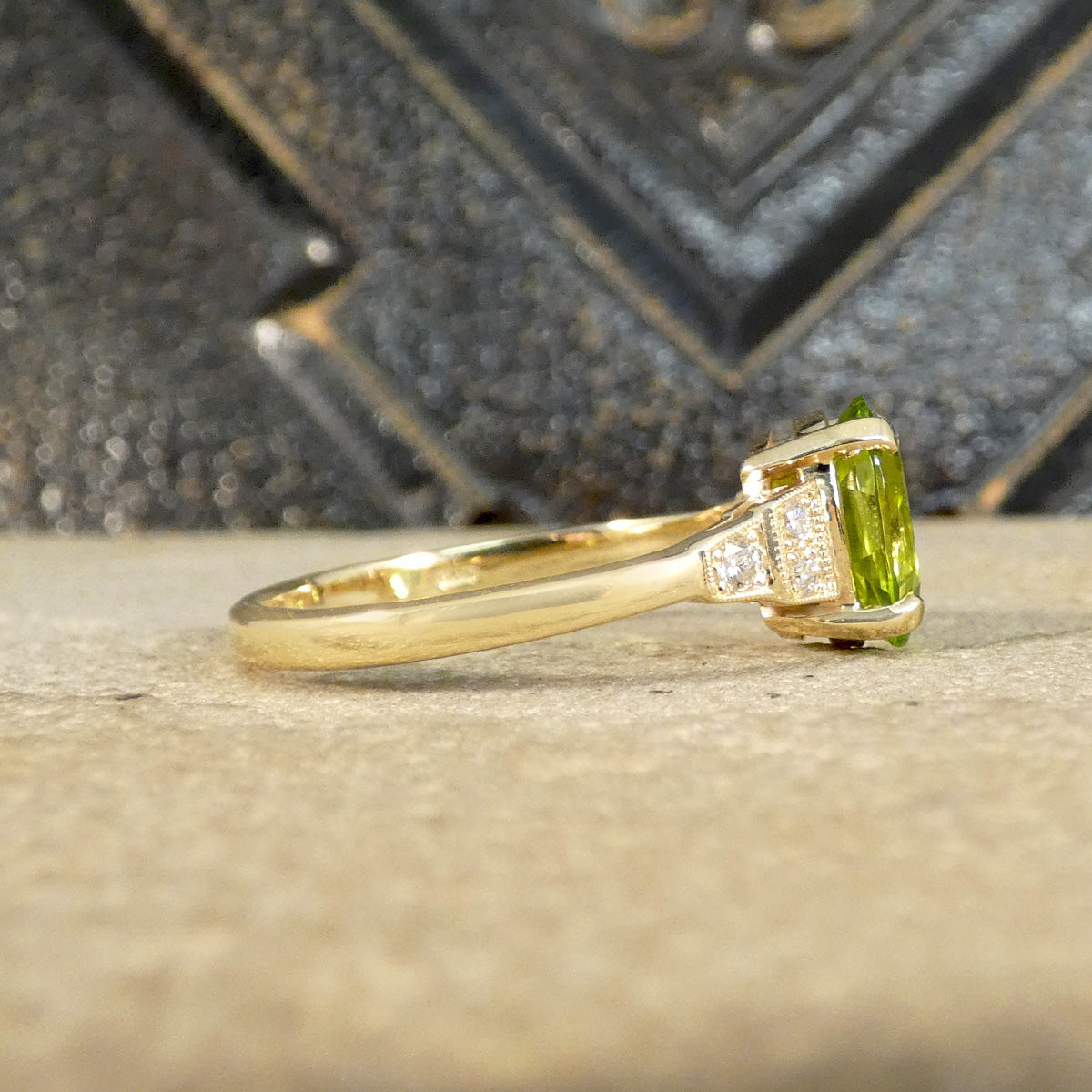 Art Deco Inspired Peridot and Diamond Ring in Yellow Gold