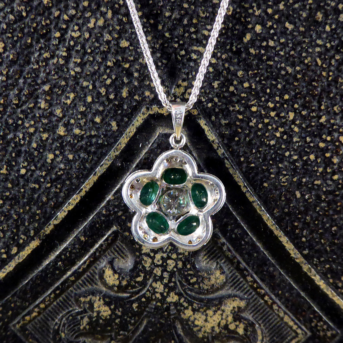 Emerald and Diamond Flower Cluster Pendant in 14ct White Gold with 18ct White Gold Chain Necklace