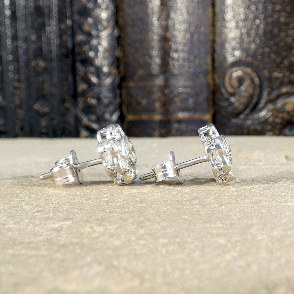 Edwardian Style Diamond Flower Cluster Stud Earrings in 18ct White Gold