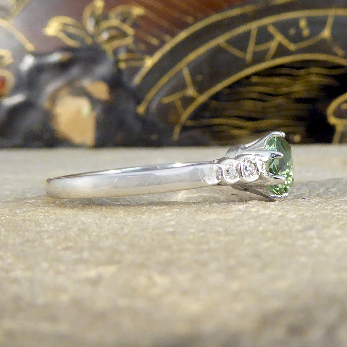 Enchanting Green Tourmaline Ring with Diamond Shoulders in 18ct White Gold