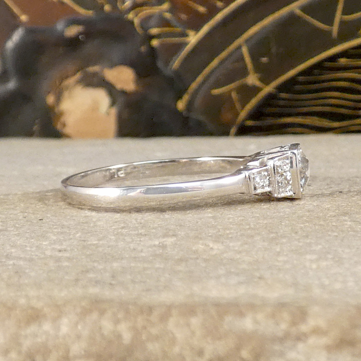 Side view of Vintage Art Deco Style Old Cut Diamond Ring with Diamond Staged Shoulders in Platinum. The perfect gift or engagement ring for anyone who likes a vintage beautiful piece.