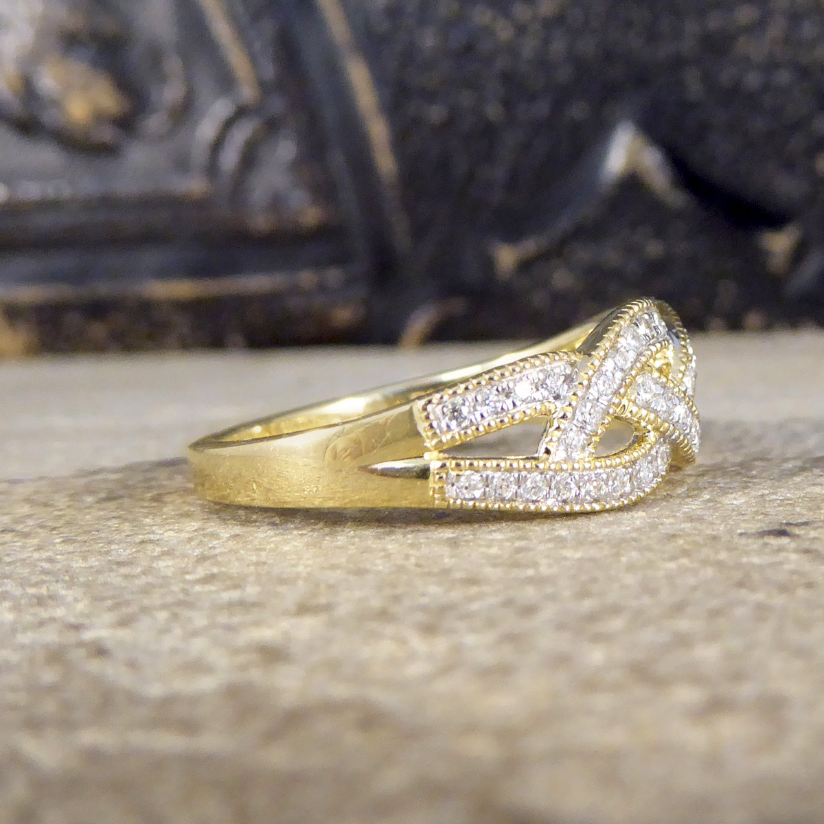 Diamond Set Milgrain Plait Half Eternity Ring in Yellow Gold