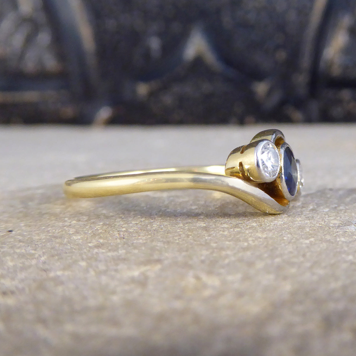 Edwardian Sapphire & Diamond Three Stone Crossover Ring in 18ct Gold and Platinum