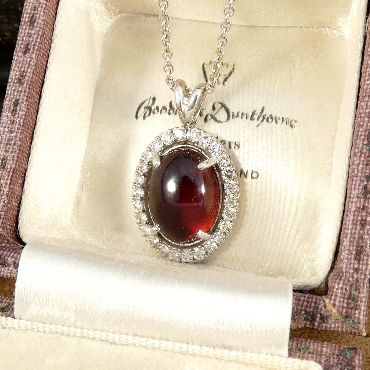 Cabochon Garnet and Diamond Halo Pendant Necklace in 18ct White Gold