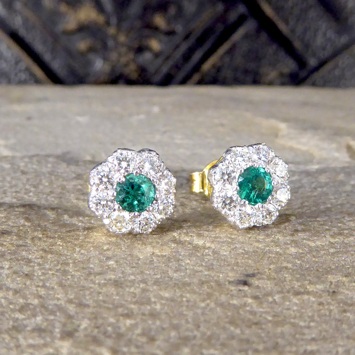 Contemporary 0.50ct Emerald and Diamond Cluster Earrings in 18ct White and Yellow Gold