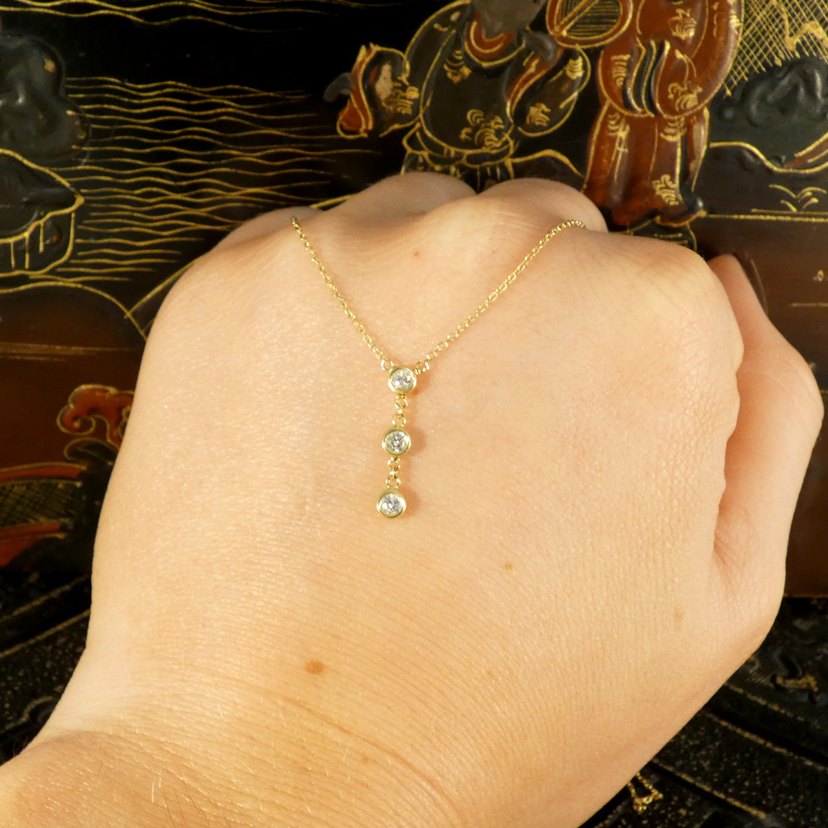 Dainty and Stackable Diamond Three Stone Drop Necklace in Yellow Gold