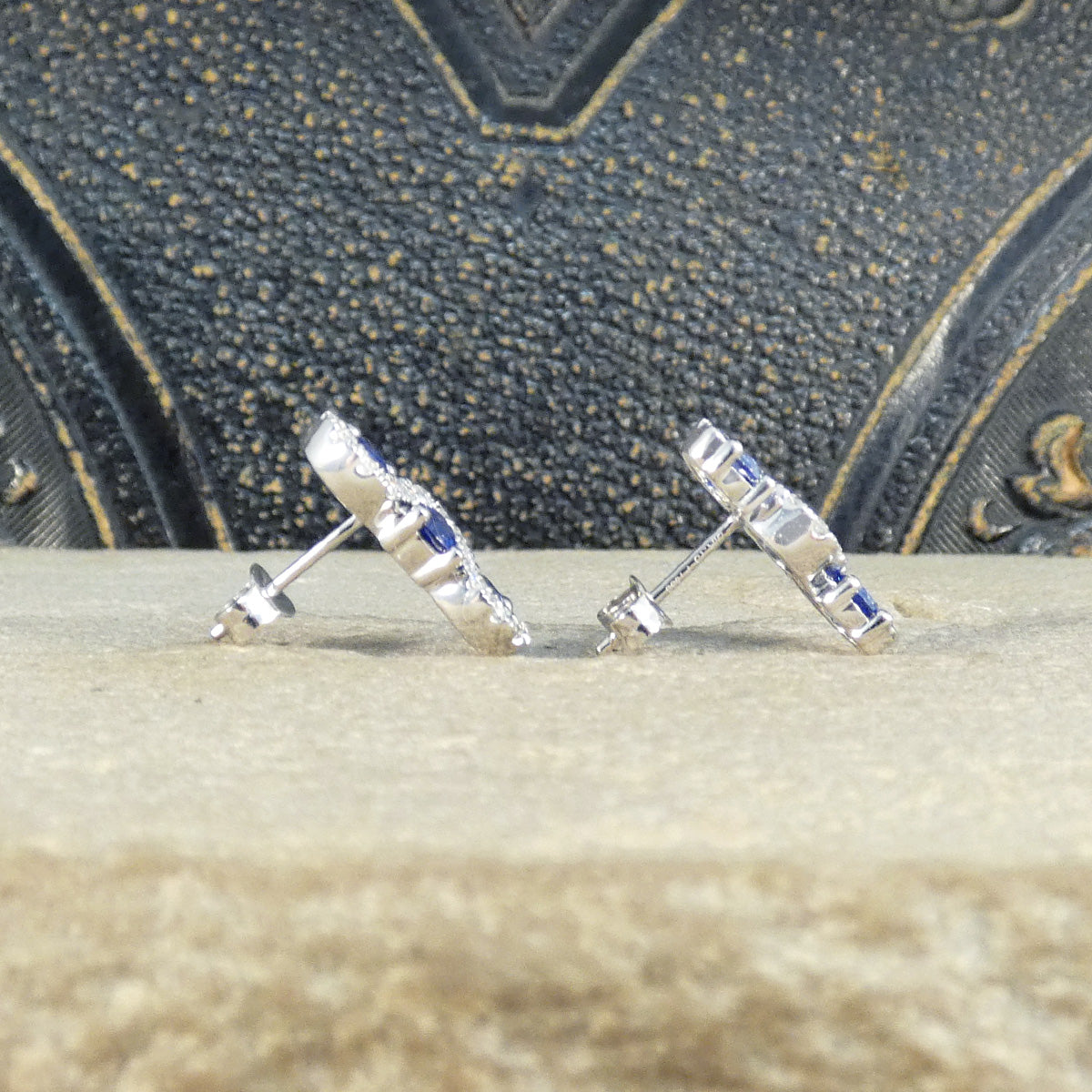 Ceylon Sapphire and Diamond Three Stone Lazy River Earrings in Platinum