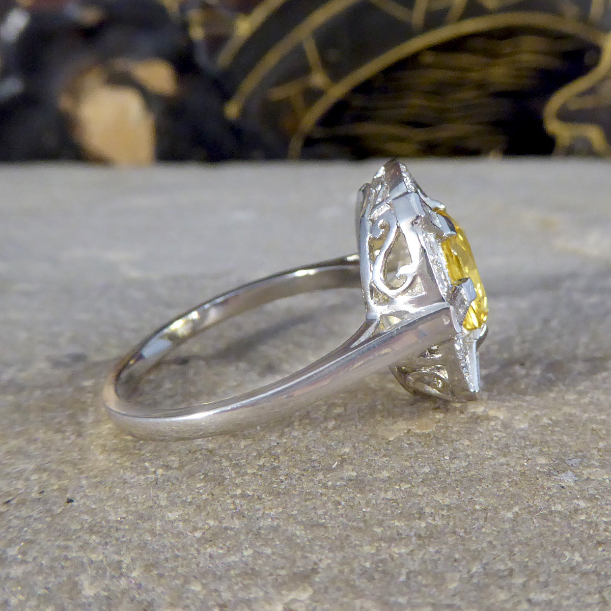 Art Deco Inspired Yellow Sapphire and Diamond Sunshine Cluster Ring in Platinum