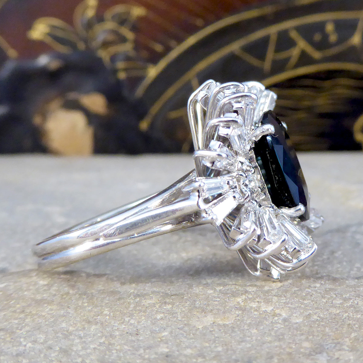 Deep 4.33ct Sapphire and Diamond Ballerina Ring in 18ct White Gold