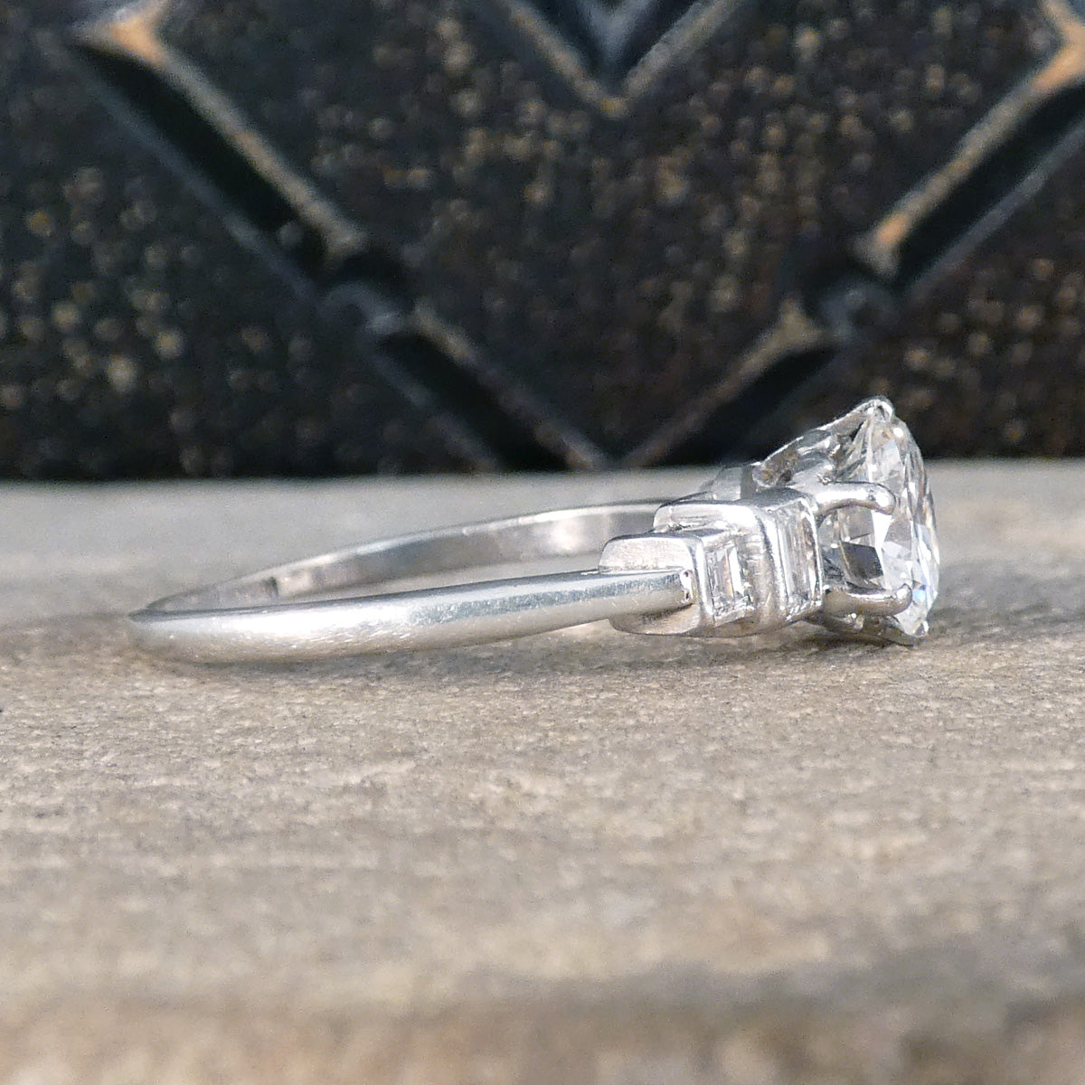 Art Deco 1.20ct Early Brilliant Cut Diamond Solitaire with Baguette Cut Shoulders in Platinum