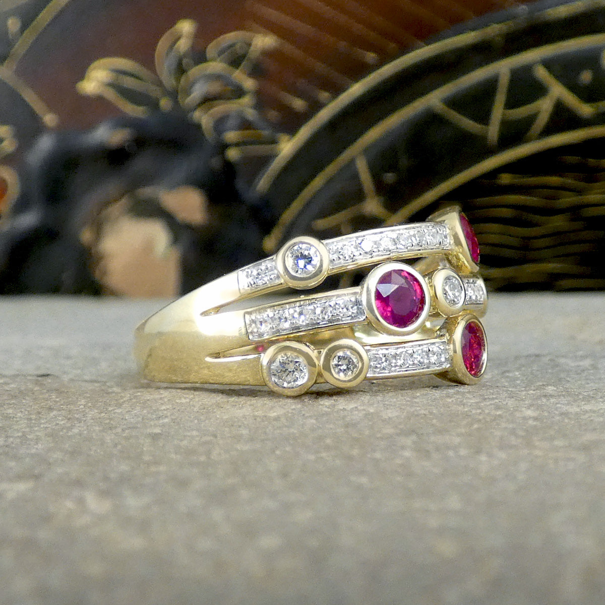 Ruby and Diamond Bubble Style Ring in Yellow Gold