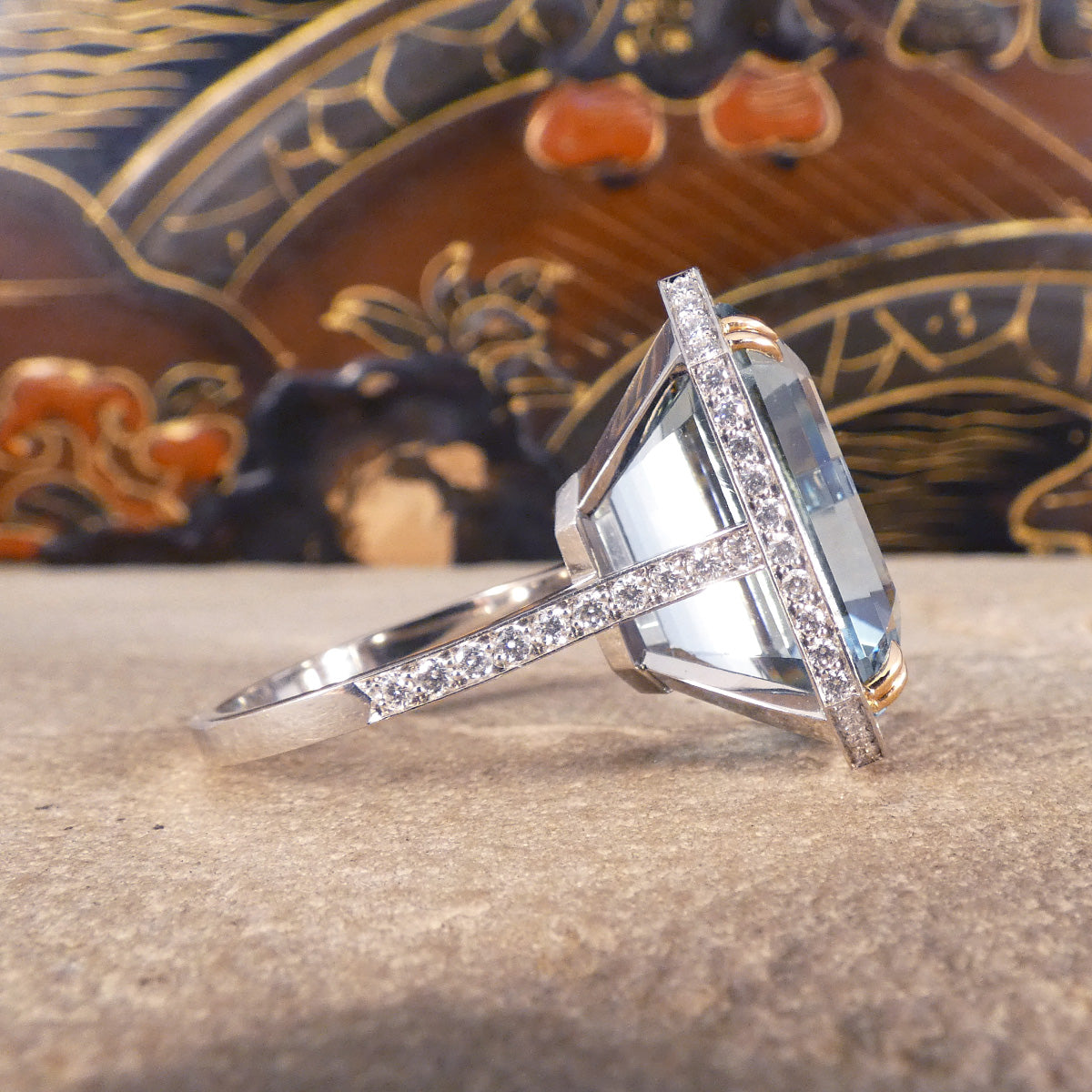 Large Aquamarine and Diamond Halo Ring with Diamond set Shoulders in Platinum